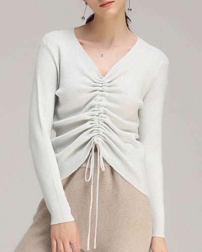 New V-Neck Drawstring Short Sweater