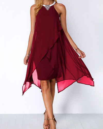 Embellished Neck Asymmetric Hem Chiffon Overlay Dress