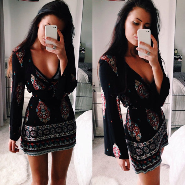 Flared Sleeve Printed V-Neck Dress