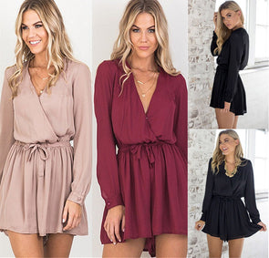 Fashion Solid V-Neck Long Sleeve Belt Dress