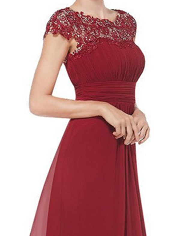 Round Neck Patchwork Ruched  Hollow Out Plain Evening Dress