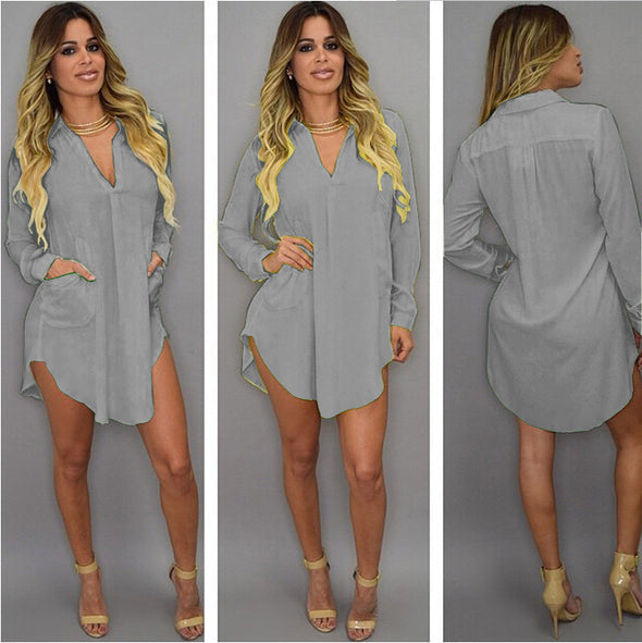 Women's Long Sleeve V-neck Irregular Chiffon Shirt Dress