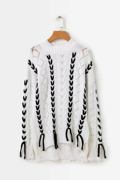 Bandage Openwork Split Round Neck Sweaters