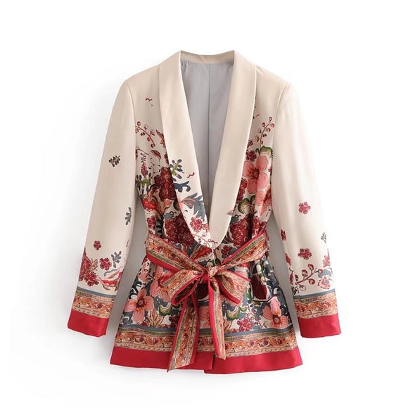 Casual Print Bandage Long Sleeve Blazer Jacket