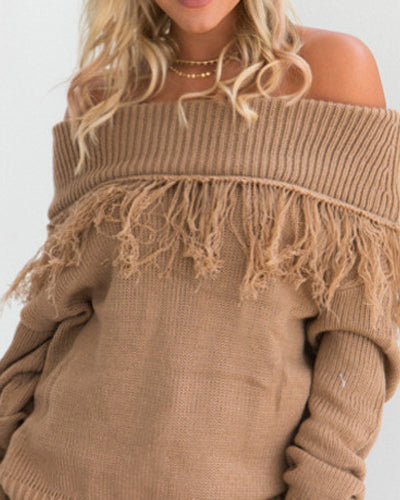 One-Neck Tassel Long-Sleeved Sweater