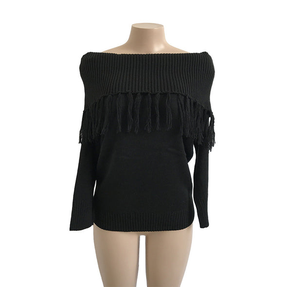 Sexy Solid Off-Shoulder Tassel Pullover Sweater