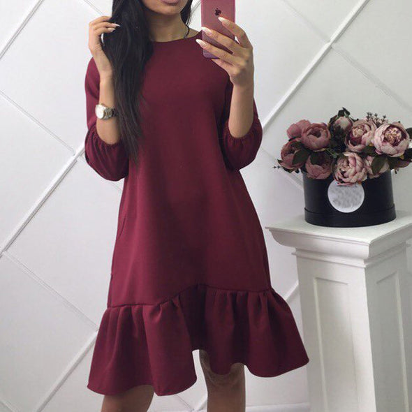 New Fashion Solid Color Pleated Puff L ong Sleeve Dress