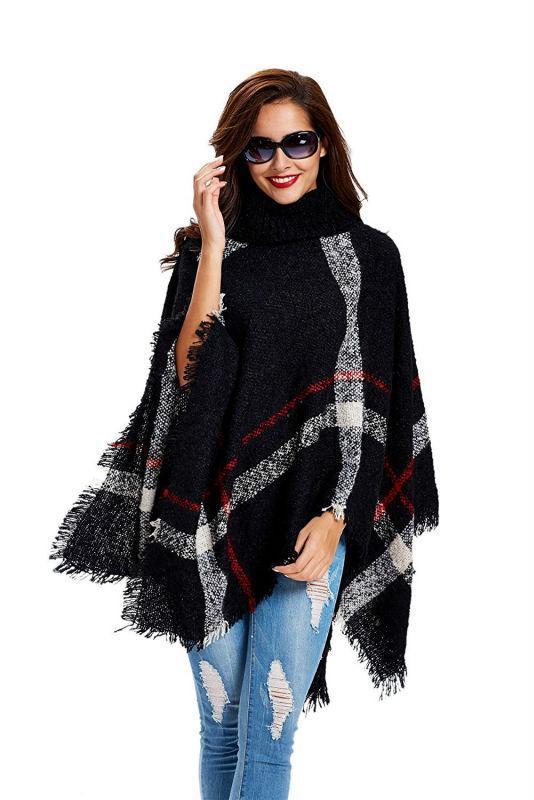 Women's Turtleneck Wool Knit Poncho Sweater Cardigan