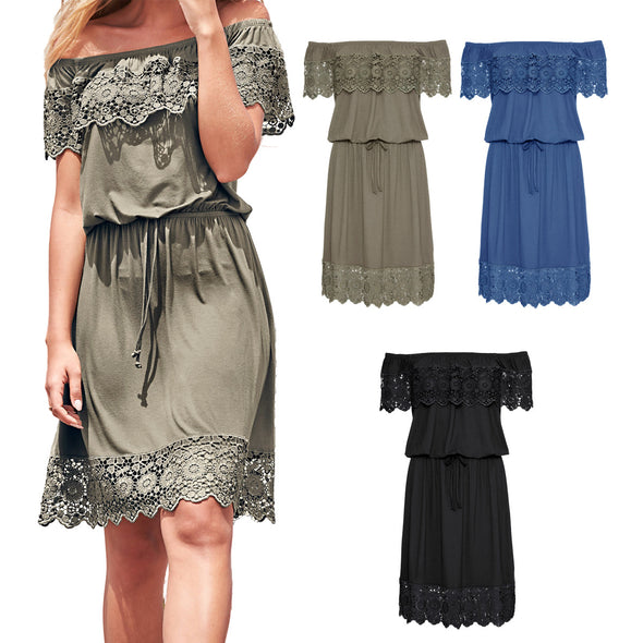 Women's one-shoulder lace stitching straps waist short-sleeved dress