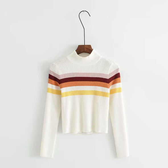 Casual Stripe Stitching Stand Collar Knitting Sweater