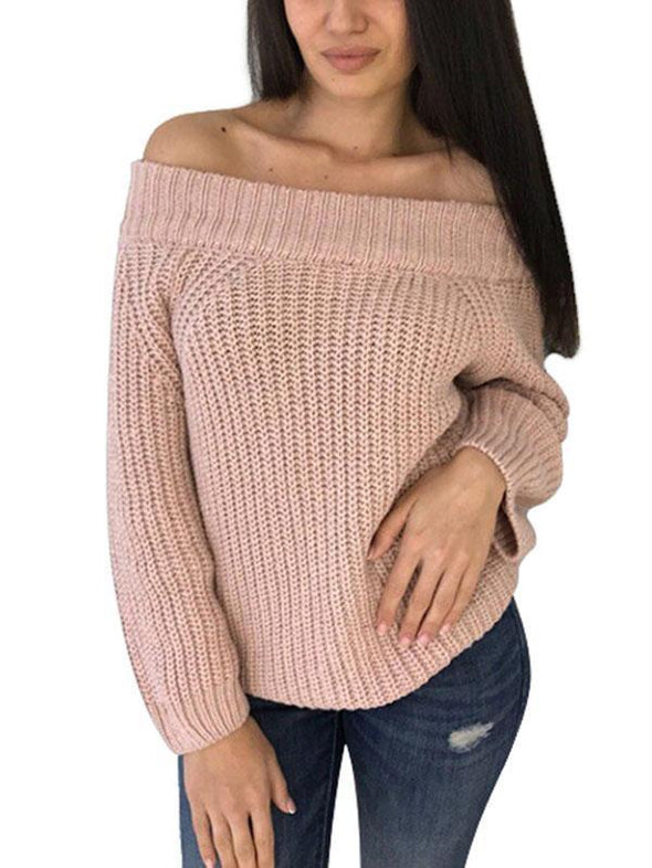 Round Neck Long Sleeve Pull Over Off-Shoulder Knit Sweater