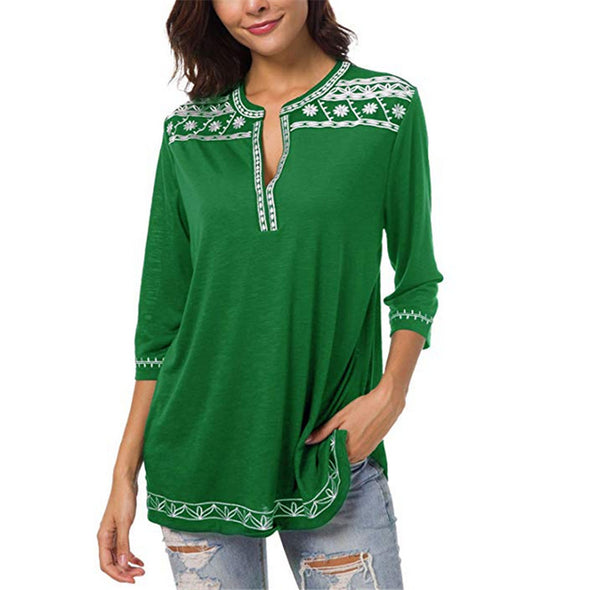 V-Neck Printed Cropped Sleeve T-Shirt