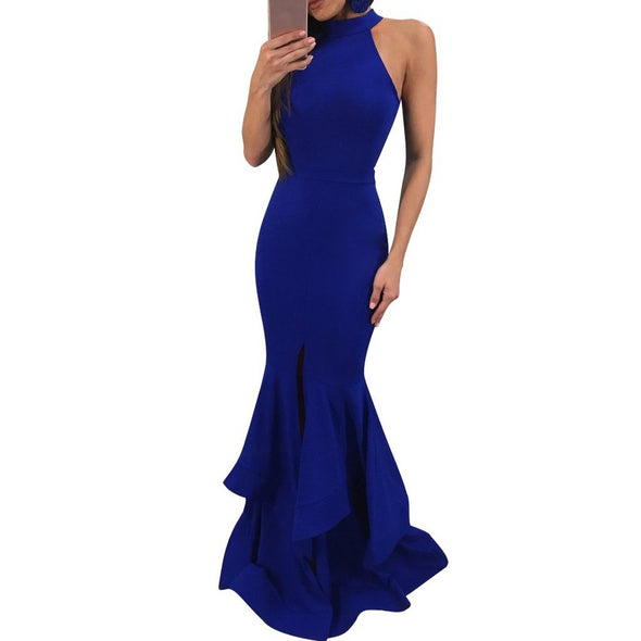 Sleeveless Solid Color Lotus Leaf Package Hip Evening Dress