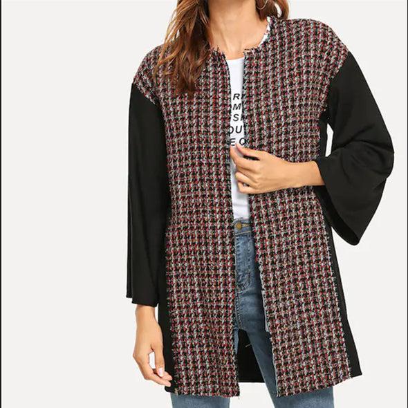 Stitched Plaid Cardigan Coat