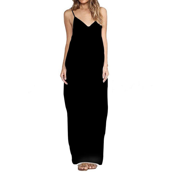 Simple Solid V-Neck Sling Linen Maxi Dress