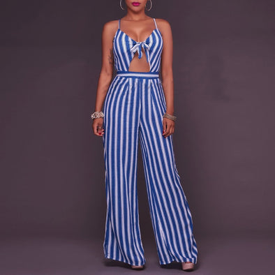 Stripe Printed Sexy V Collar Sleeveless Slim Jumpsuit