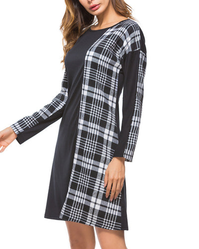 New Round Neck Black Plaid Long Sleeve Dress