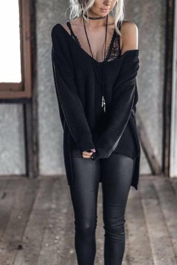 Asymmetric Neck  Asymmetric Hem  Plain Sweaters