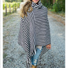 Striped Irregular Tassel Cloak High Collar Blouse T-Shirt