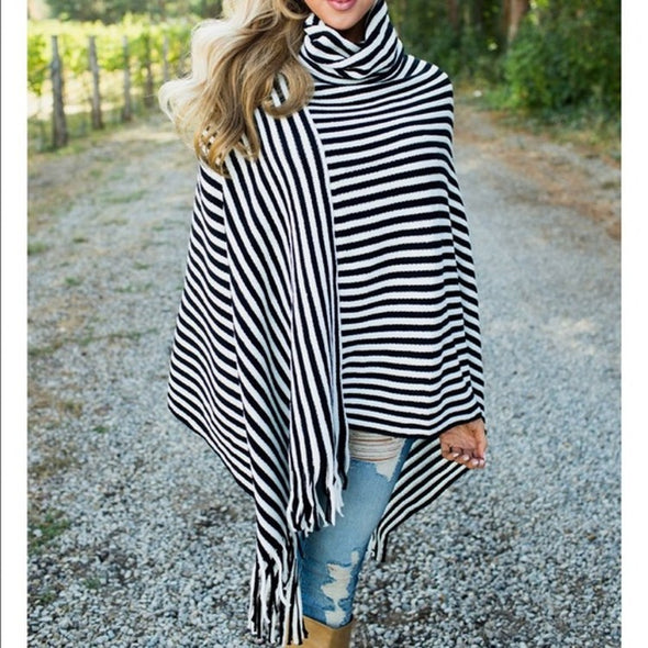 Striped Irregular Tassel Cloak High Collar Blouse T-Shirt