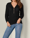 V-Neck Zipper Solid Color Long-Sleeved Sweater