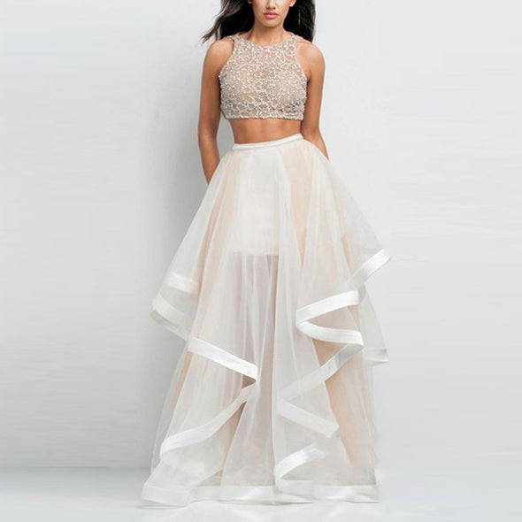 Geometric Pattern Net Yarn Irregular Wedding Skater Dress