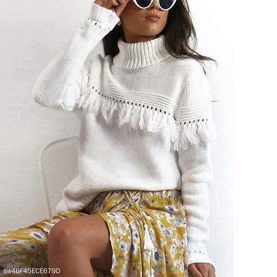 High Collar Fringed Sweater