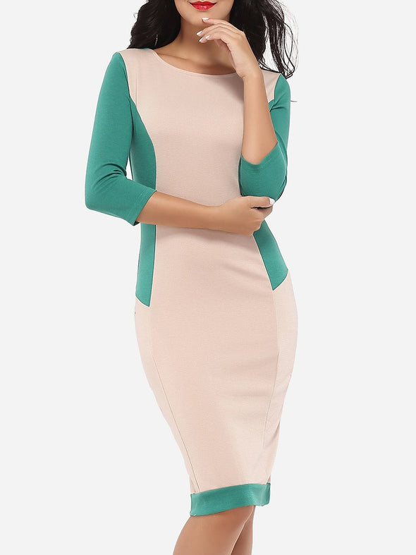 Round Neck  Color Block Bodycon Dress