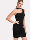 Fashion Hanging Neck Sleeveless Pearl Nail Bodycon Dress