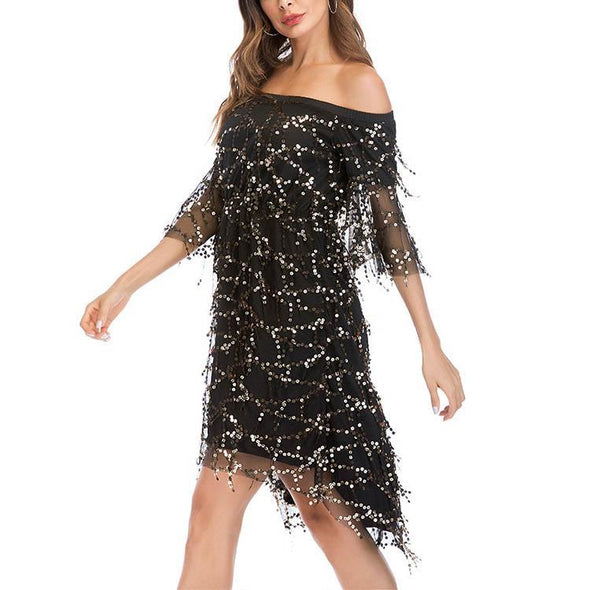 Off Shoulder Flare Sleeve Sequin Irregular Evening Dress