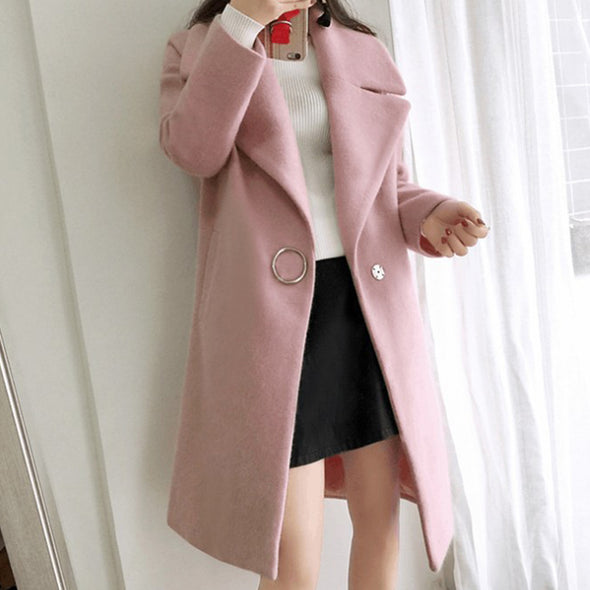 Long-Sleeved Solid Color Lapel Woolen Coat