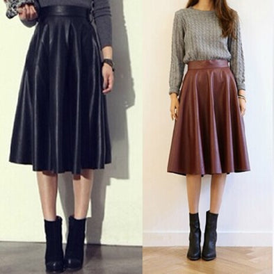 High Waist Slim Pleated Long PU Skirt Women