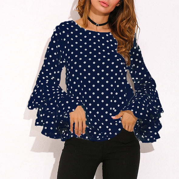 Casual O-Neck Dot three-layer Ruffles sleeve T-shirt