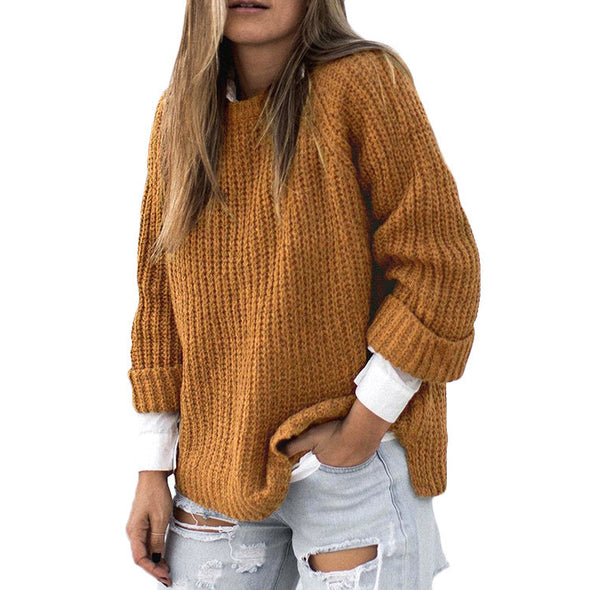 Round Neck Roll Sleeve Knitting Sweaters