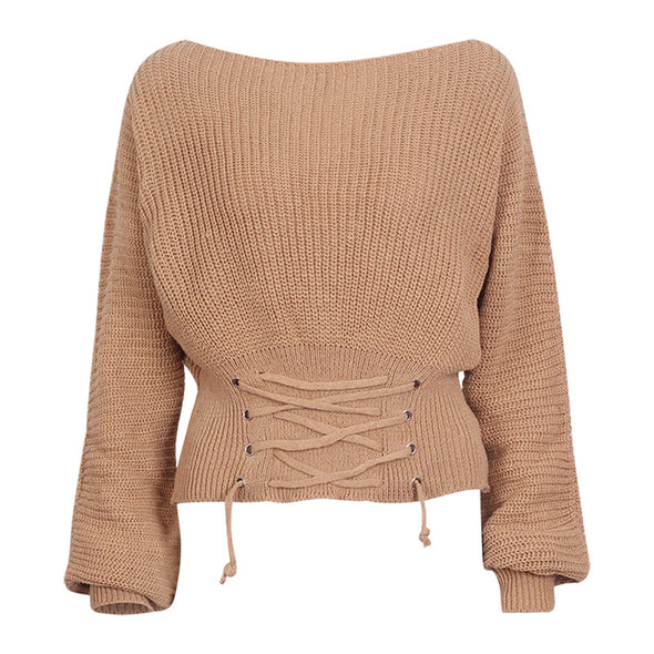 Casual Solid Waist Belt Batwing Sleeve Off Shoulder Knitting Sweater