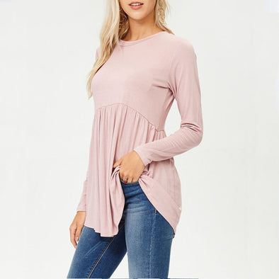 Sexy long-sleeved round neck stitching solid color T-shirt