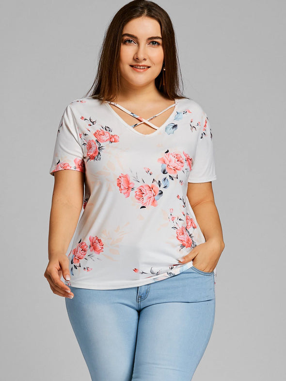 Casual Print Short Sleeve V neck Plus Size Tops