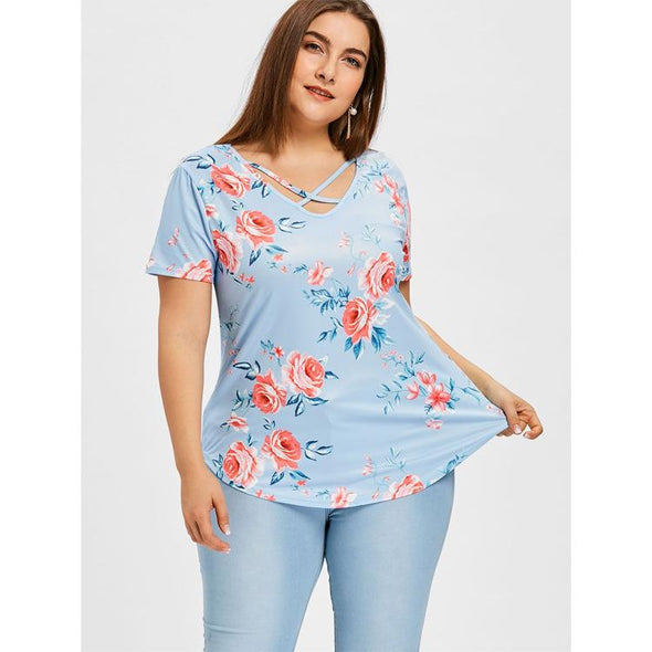 casual Print Short sleeve V neck plus size tops