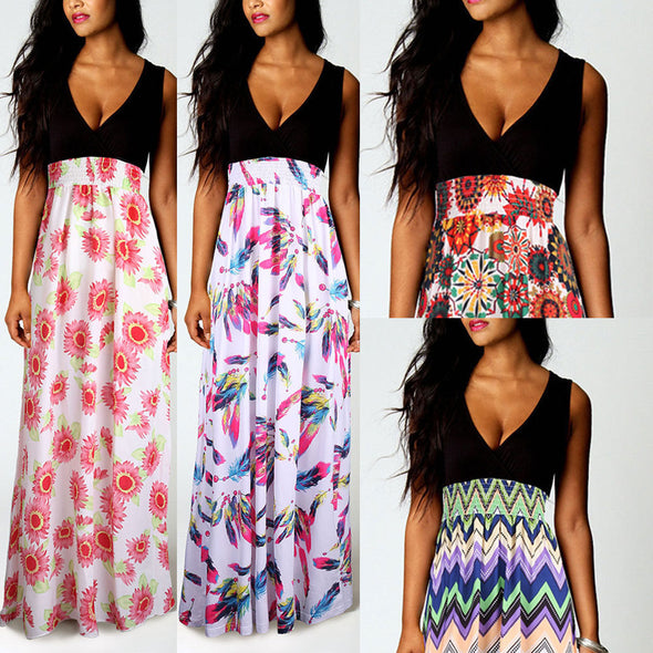 Printed V-Neck High-Waist Sleeveless Dress