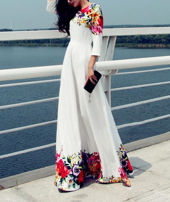 Printed Floor Length White Evening Dress