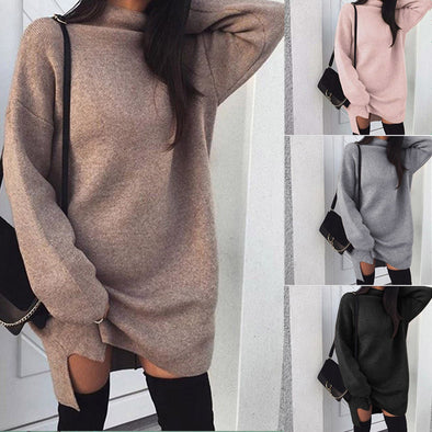 New Casual Large Size Loose Knit Turtleneck Split Sweater