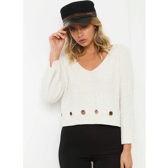 Openwork Hole V- neck Short Sweaters