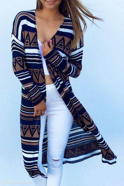 Snap Front  Abstract Print  Long Sleeve Cardigans