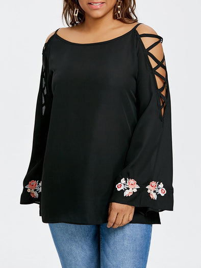 Cold Shoulder Round neck Openwork Embroidery Plus Size Tops