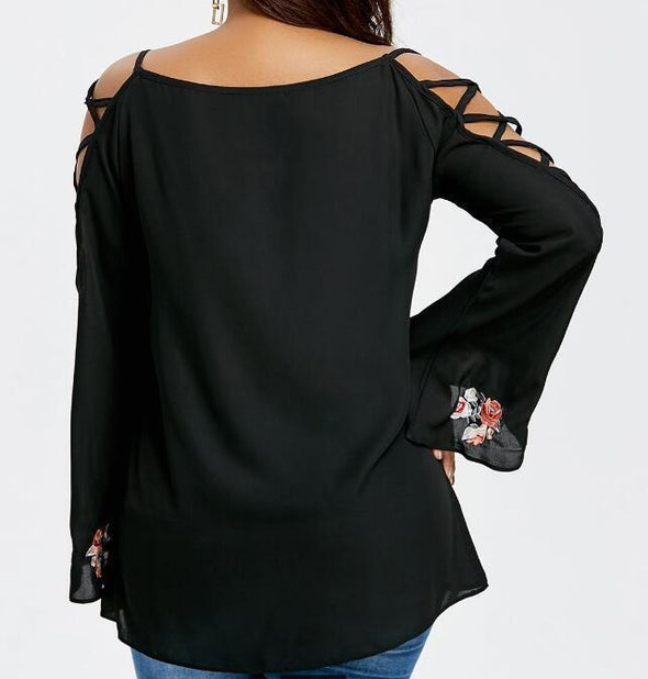 Cold Shoulder Round neck Openwork Embroidery Plus Size Tops