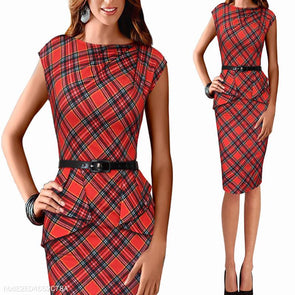 Fashion Red Plaid Sleeveless Slim Bodycon Dress