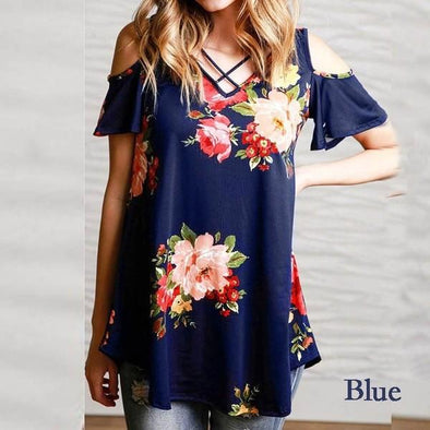 Bell sleeve Print Cold Shoulder T-shirt