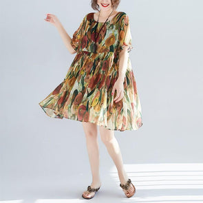 Chiffon Short Sleeve Print Round Neck Short Bohemian Dresses