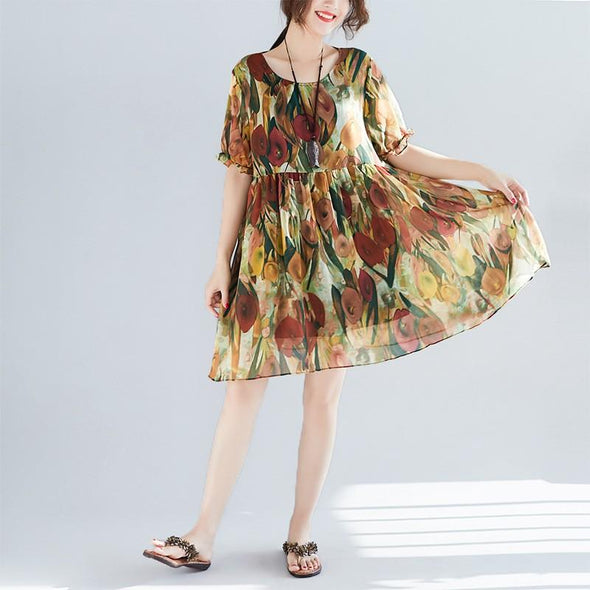 Chiffon Short Sleeve Print Round Neck Short Bohemian Dresses