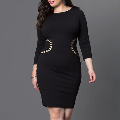 3/4 sleeve Openwork Round neck Plus size skater Dresses